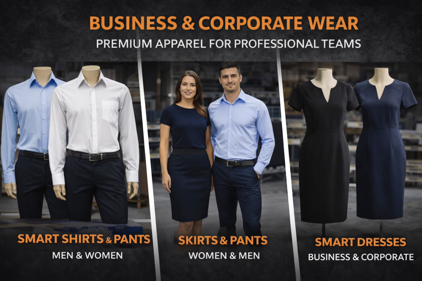 Premium business and corporate uniforms in Melbourne including smart shirts, dresses and professional team wear.