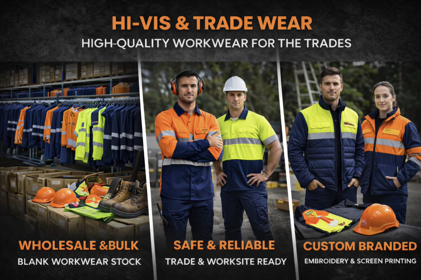 Hi-vis and trade workwear in Melbourne including custom branded safety apparel and wholesale blank workwear stock.