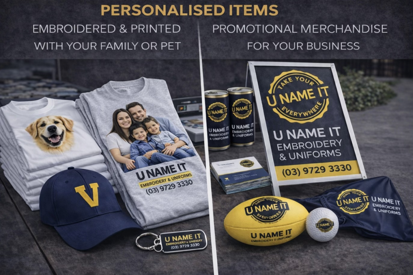 Personalised embroidered and printed apparel in Melbourne including family shirts, custom pet prints and promotional merchandise.