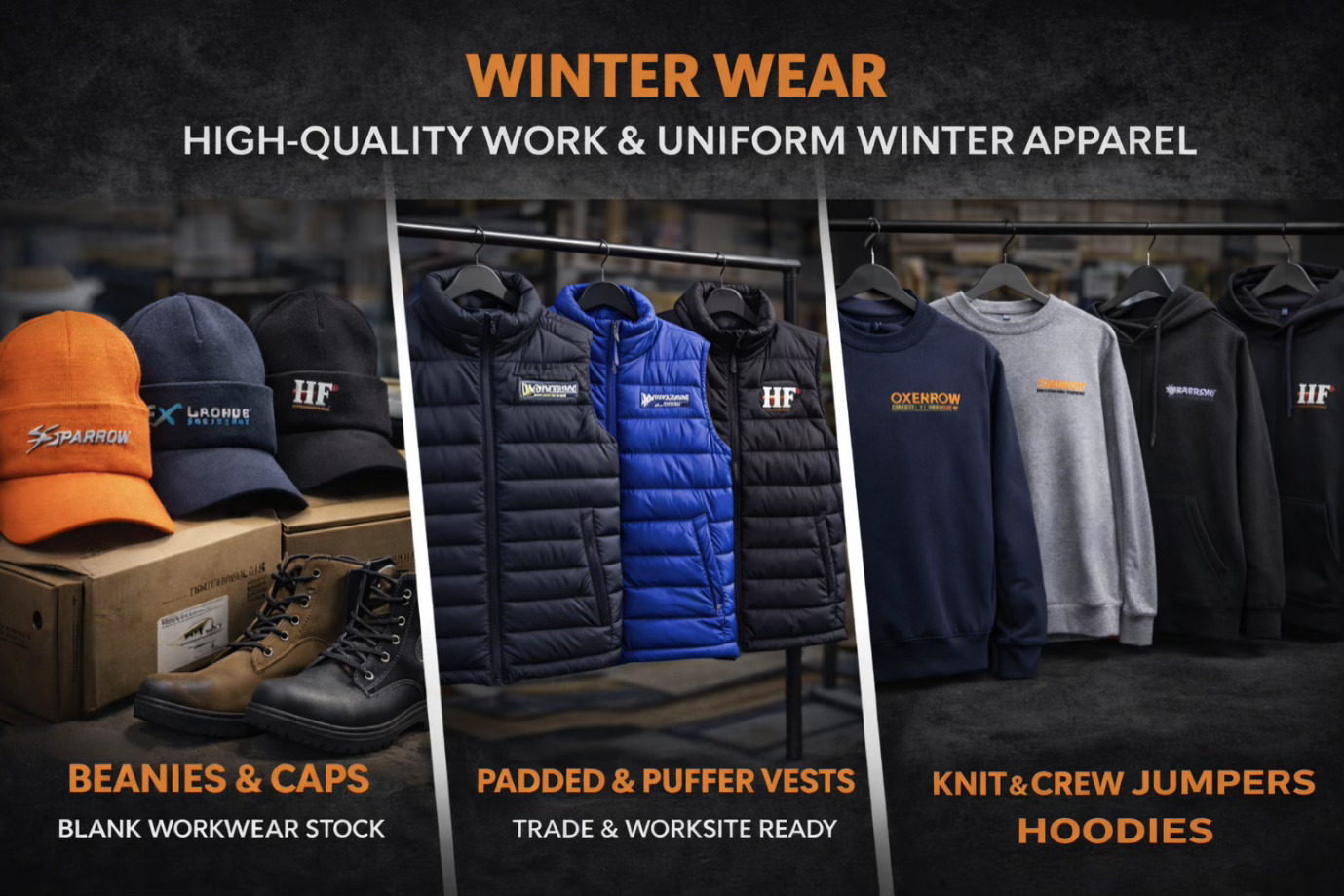 Winter workwear and branded uniforms in Melbourne including hoodies, puffer vests, jumpers and beanies.